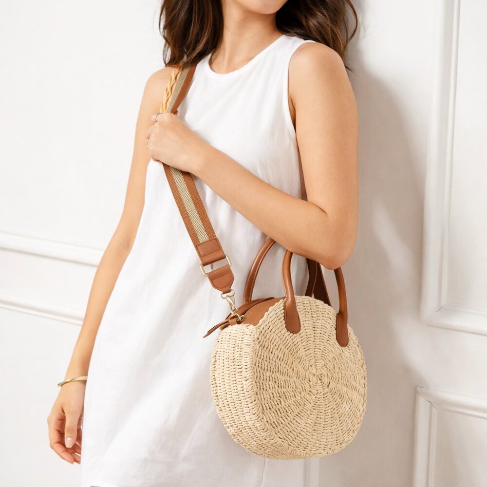 Talbots Straw Round Bag | Paper Straw & Leather | Crossbody/Handbag - Picture 3 of 16